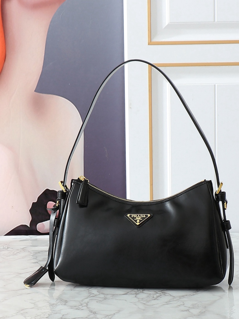 🌹Prada Leather Hobo Shoulder Bag With Gold Triangle Logo